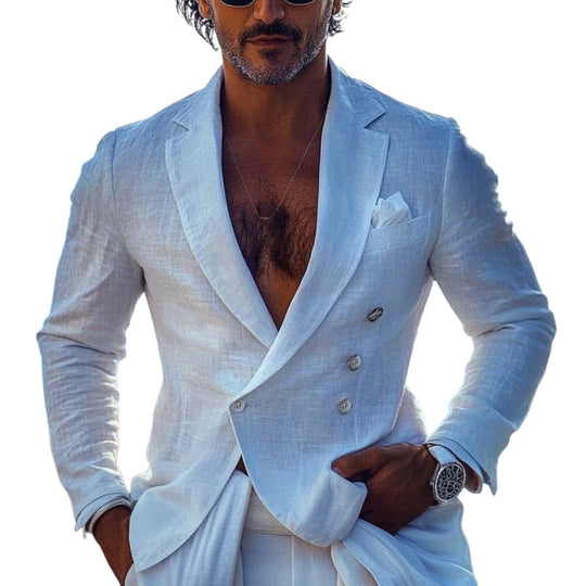 Men's Solid Color Thin Double-Breasted Cotton And Linen Blazer DTT25063001