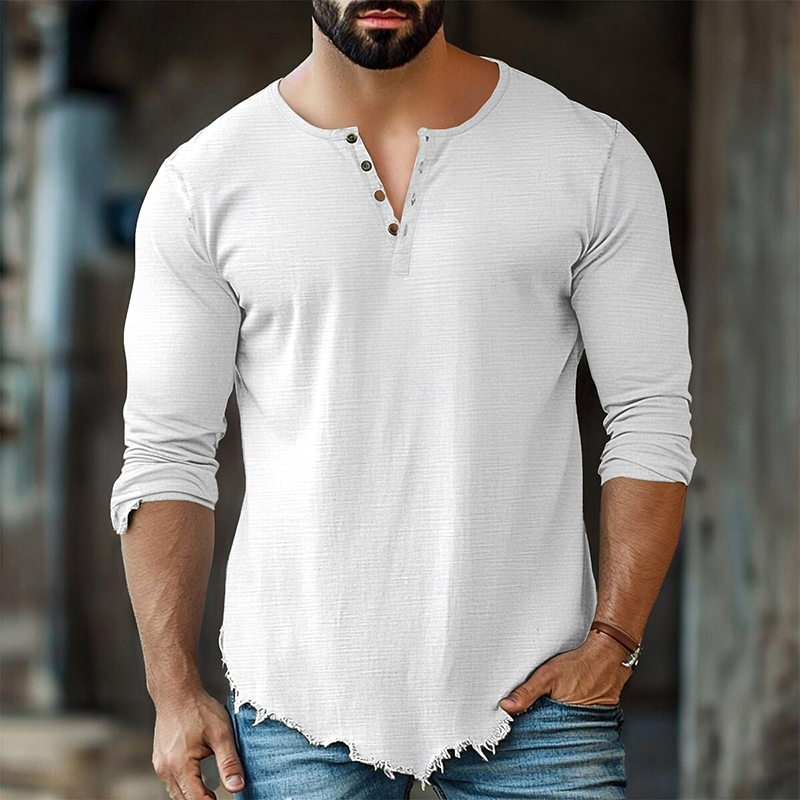 Men's Vintage Casual Solid Color Raw Edge Henley Neck Long Sleeve T-Shirt DTT25072419