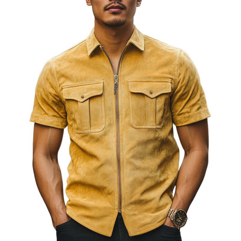 Men's Retro Casual Slim Lapel Multi-Pocket Suede Short Sleeve Shirt 9903595487416