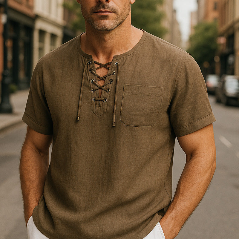 Men's Summer Breathable And Comfortable Linen Lace-Up Short-Sleeved Shirt DDT25052806