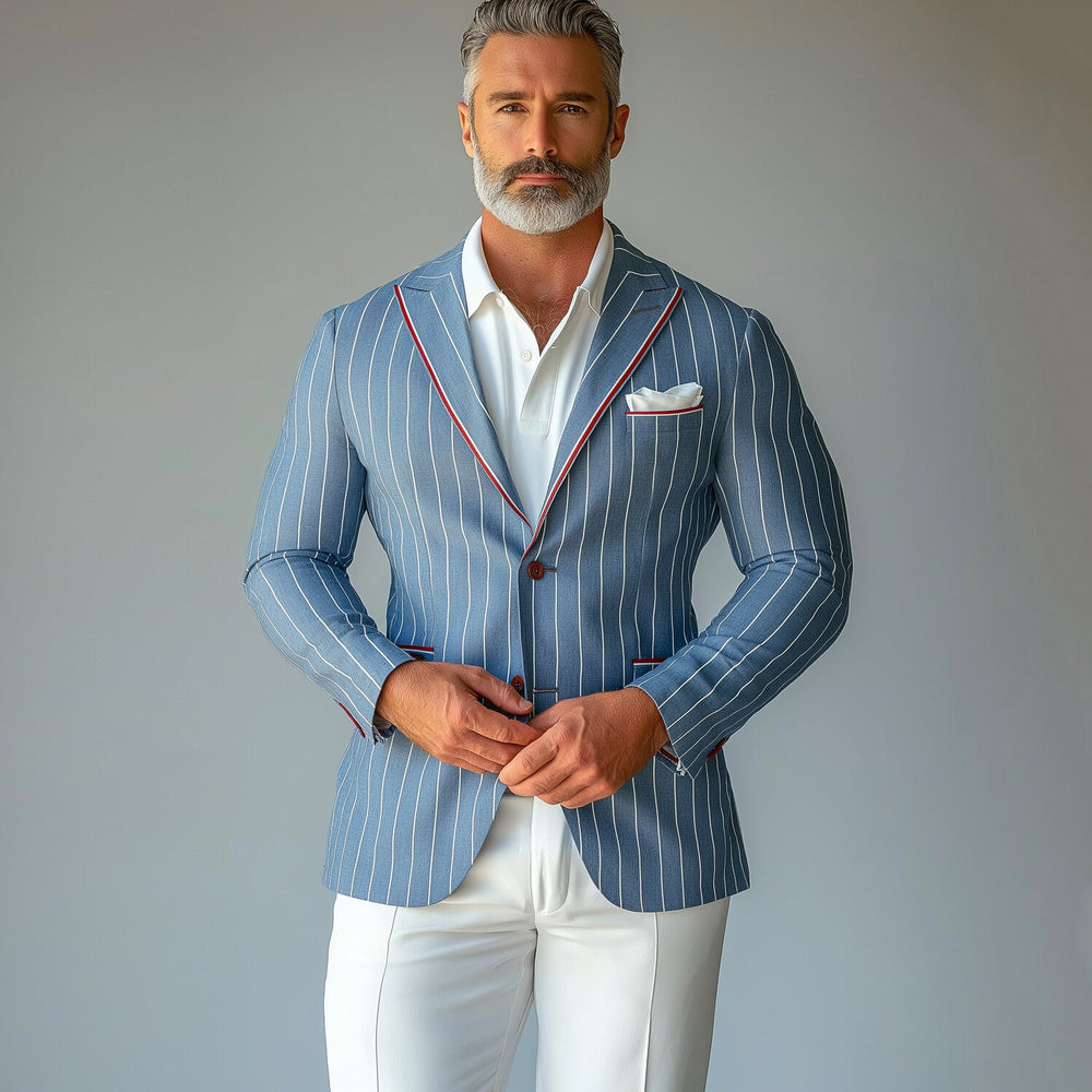 Men's Pinstripes Pattern Peak Lapel Long Sleeve Two Button Blazer 9951401509048