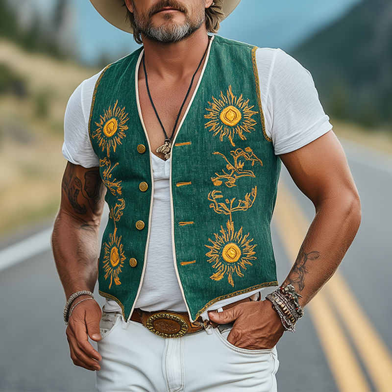 Men's Casual Retro American Western Style Cotton And Linen Embroidered Single Breasted Vest DTT25061717