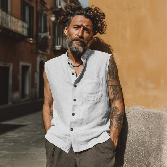 Men's Casual Breathable Linen Stand Collar Patch Pocket Loose Sleeveless Shirt DTT25070411