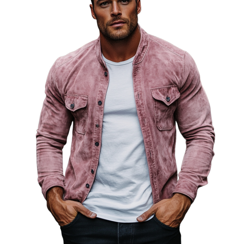 Men's Fashion Suede Crew Neck Double Chest Pockets Long Sleeve Shirt 9899721588920
