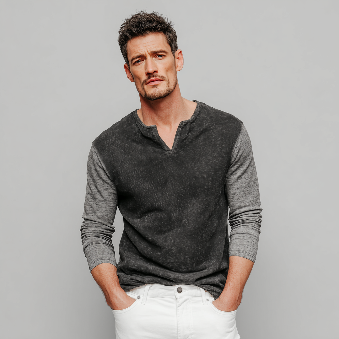 Men's Classic Casual V-neck Bamboo Cotton Patchwork Slim Fit Long Sleeve T-shirt DTT25080115