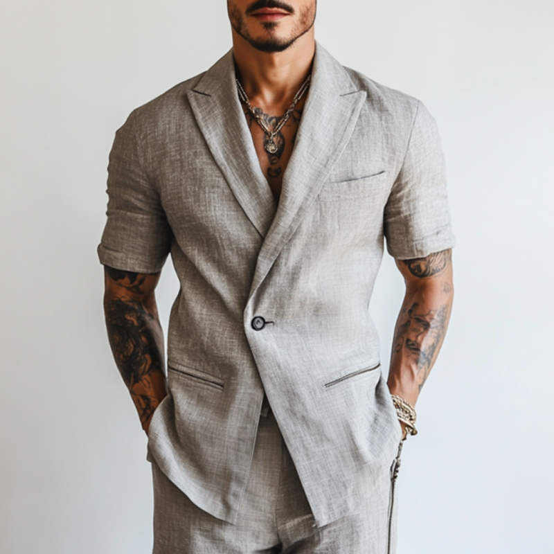 Men's Casual Breathable Linen Notch Lapel Patch Pockets One Button Slim Fit Short Sleeve Blazer DTT25060505