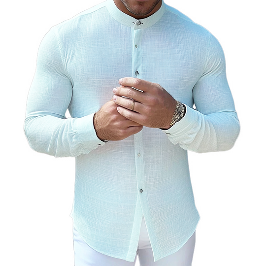 Men's Cotton And Linen Stand Collar Long Sleeve Shirt DTT25080415