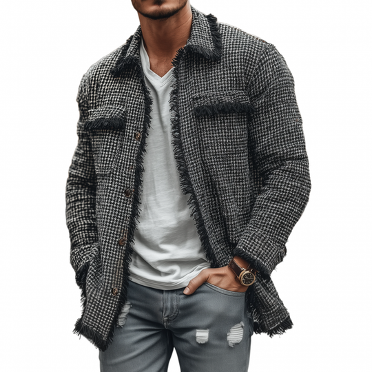Men's Fashion Houndstooth Patchwork Tassel Edge Lapel Chest Pocket Single Breasted Mid-Length Jacket DTT25072302