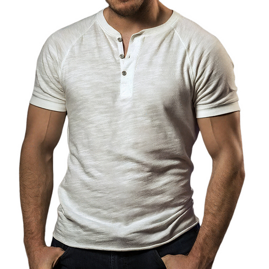 Men's Solid Color Slub Cotton Henley Neck Short Sleeve T-shirt DTT25061708