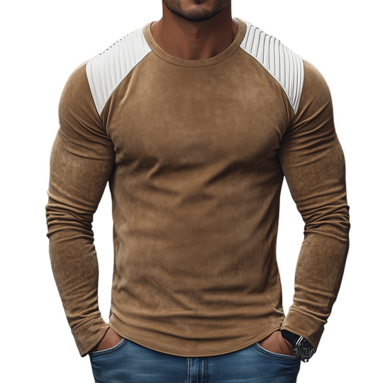 Men's Retro Casual Suede Pleated Round Neck Long Sleeve T-shirt DTT25082710
