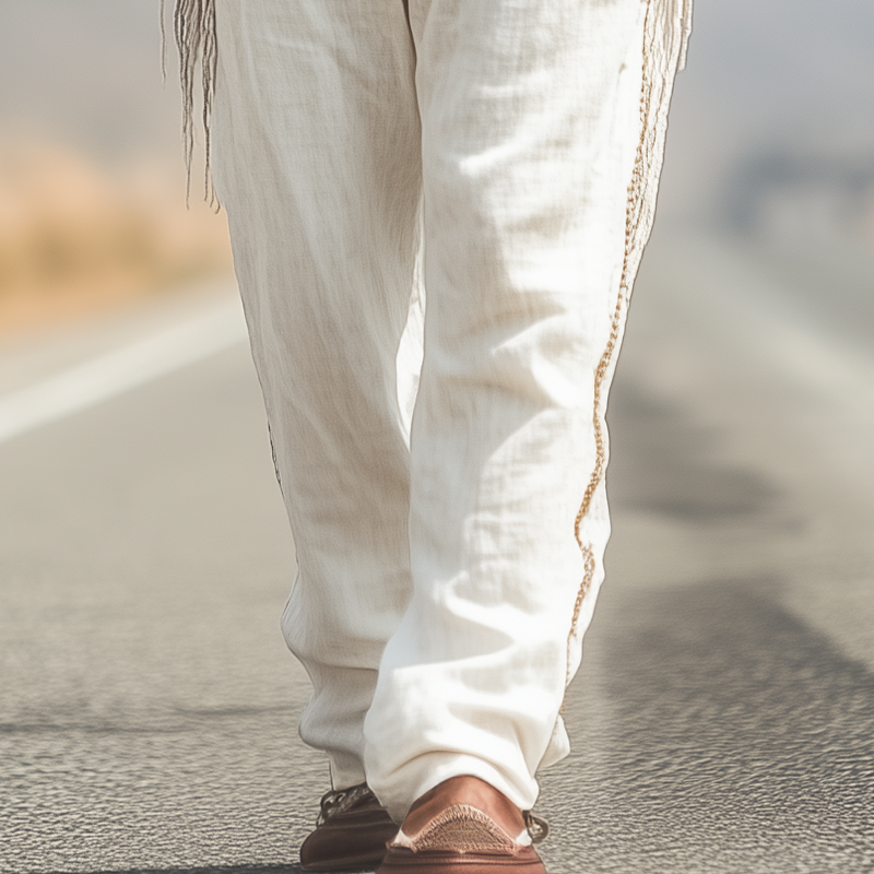 Men's Spring And Summer Fashion Western Cowboy Style Cotton And Linen Side Stitching Webbing And Tassel Loose Casual Pants DTT25060612