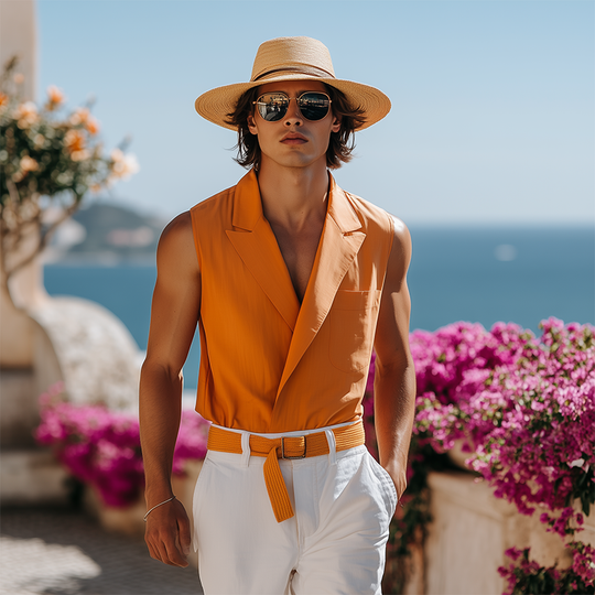 Men's Spring And Summer Fashion Casual Cotton Blended Blazer Collar Concealed Placket Double Breasted Adjustable Sleeveless Shirt DTT25062304