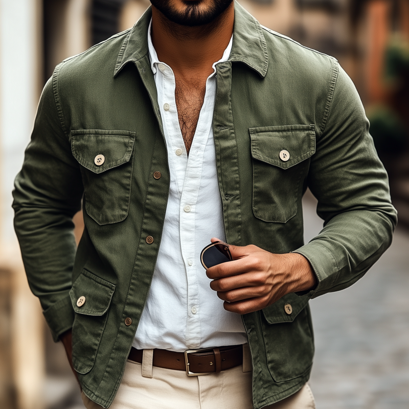 Men's Casual Breathable Cotton Washed Distressed Lapel Single-breasted Multi-pocket Work Jacket DTT25081306