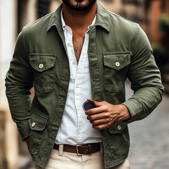 Men's Casual Breathable Cotton Washed Distressed Lapel Single-breasted Multi-pocket Work Jacket DTT25081306