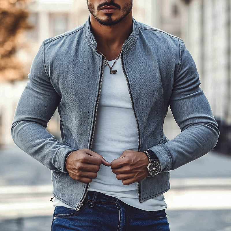 Men's Vintage Washed Denim Biker Zip-Up Jacket DTT25073103