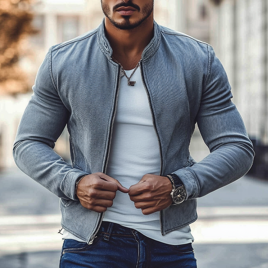 Men's Vintage Washed Denim Biker Zip-Up Jacket DTT25073103