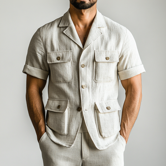 Men's Casual Breathable Linen Cuban Collar Multi-pocket Slim Fit Short Sleeve Safari Jacket DTT25060506