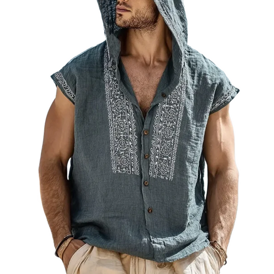 Men's Embroidered Single Breasted Hooded Sleeveless Shirt DTT25071514