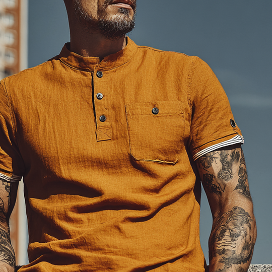 Men's Cotton And Linen Stand Collar Contrast Color Short Sleeve Shirt DTT25063014