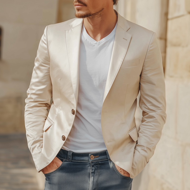 Men's Casual Elegant Solid Color Satin Notch Lapel Single Breasted Slim Fit Blazer DTT25080103