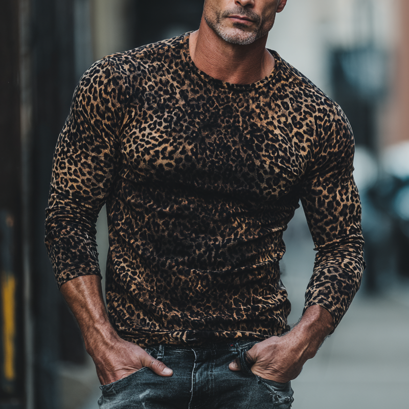 Men's Leopard Print Crew Neck Long T-shirt DTT25082028