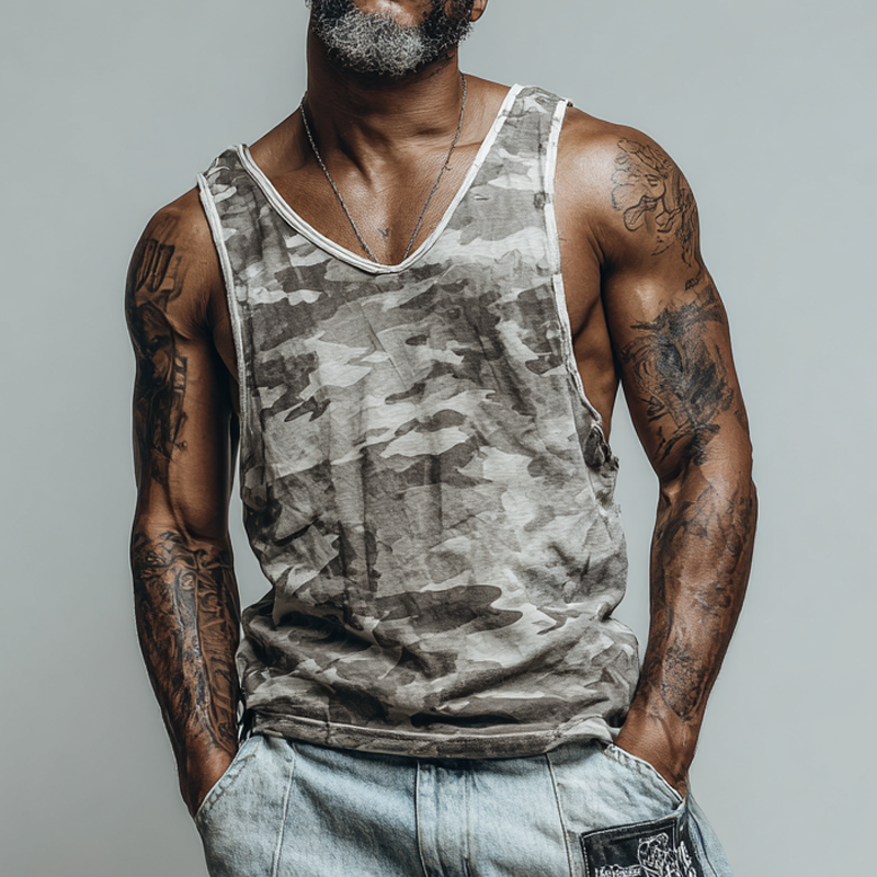 Men's Casual Camouflage Print V-Neck Tank Tops DTT25062310