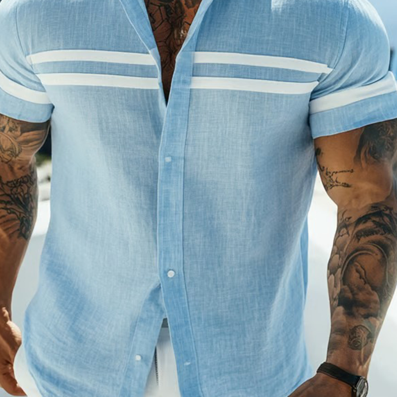 Men's Stripe Print Blended Short Sleeve Shirt DTT25062416