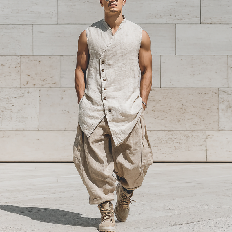 Men's Cotton And Linen Stand Collar Solid Color Loose Vest DTT25070205