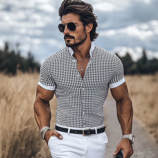 Men's Spring And Summer Fashion Casual Houndstooth Print Stitching Stretch Cotton Blend Stand Collar Slim Short Sleeve Shirt DTT25060607