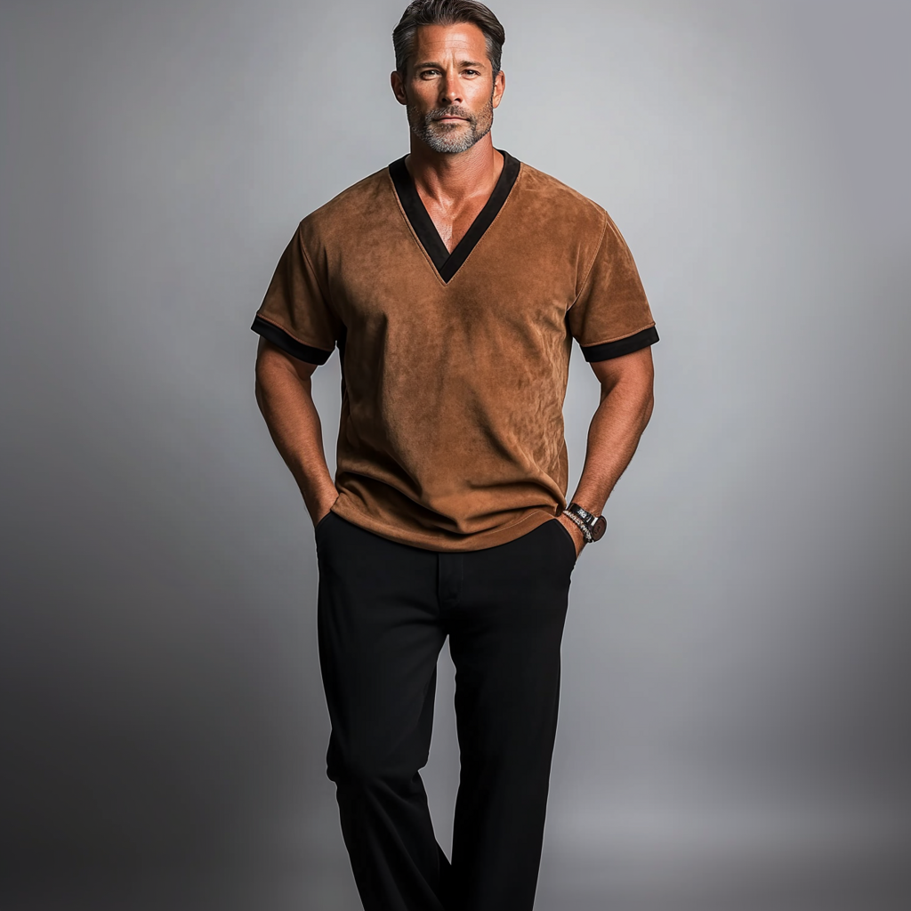 Men's V Neck Short Sleeve Suede Contrast Binding T-Shirt 9913235636408