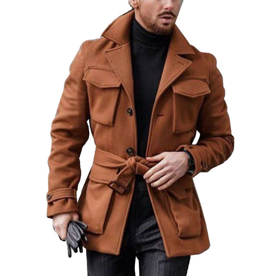 Men's Wool Blends Business Lapel Belted Overcoat Winter Casual Peacoat Jacket 9885797122232