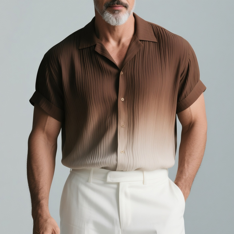 Men's Gradient Textured Striped Chiffon Lapel Short Sleeve Shirt DTT25073109
