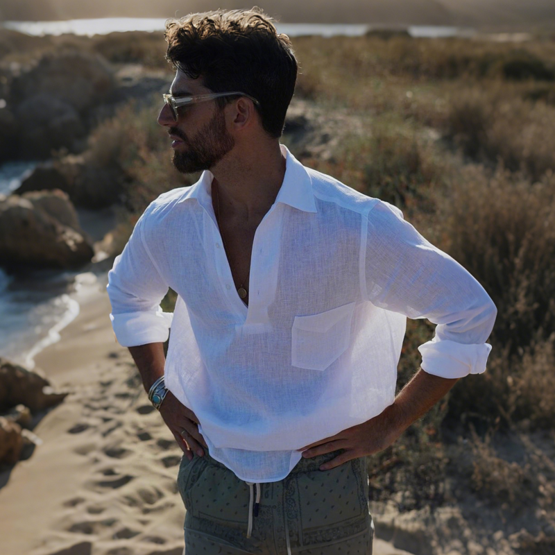 Men's Casual Solid Color Breathable Linen Button-up Lapel Patch Pocket Loose Long Sleeve Shirt DTT25070914