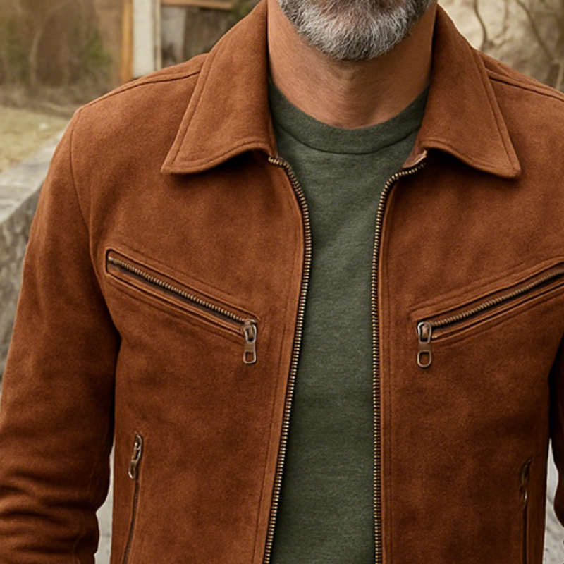 Men's Casual Retro Style Solid Color Suede Zipper Lapel Jacket DTT25081319
