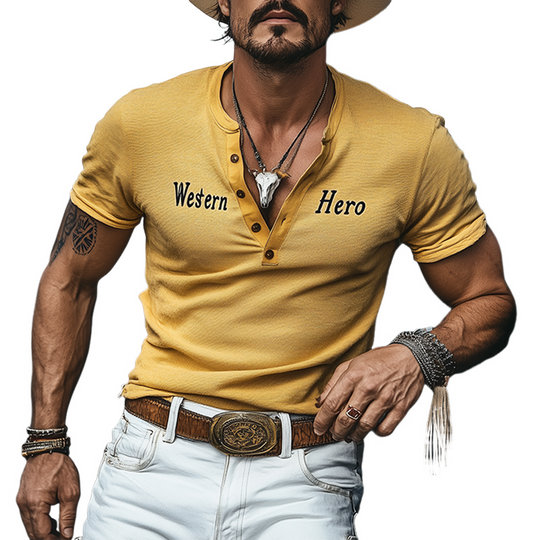 Men's Spring And Summer Fashion Casual Western Cowboy Style Slim Stretch Knitted Henley Collar Flocking Letter Print Short-sleeved T-shirt DTT25060605