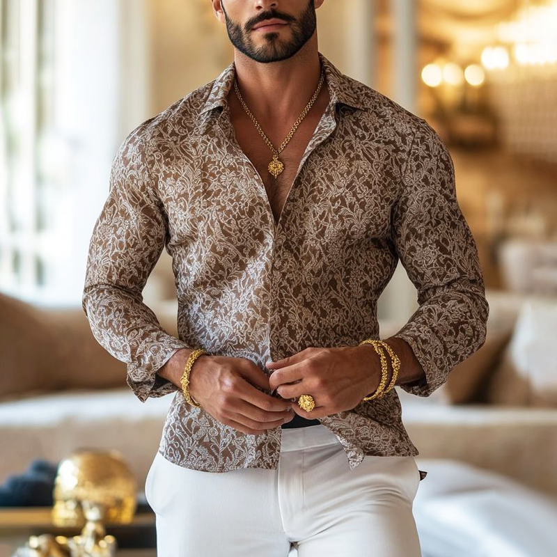 Men's Vintage Print Lapel Long Sleeve Shirt DTT25062024