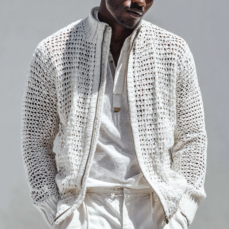 Men's Fashion Openwork Knit Stand Collar Zipper Jacket Cardigan DTT25082816