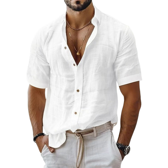 Men's Solid Color Cotton And Linen Short-sleeved Shirt DTT25072412
