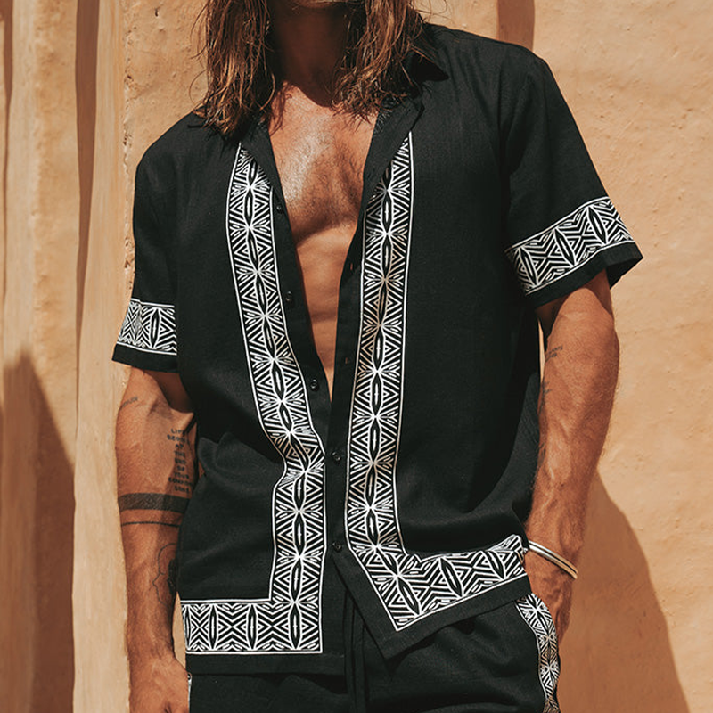 Men's Summer Casual Cotton And Linen Printed Lapel Short-sleeved Shirt DTT25070302