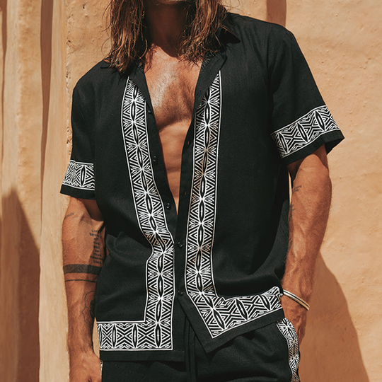 Men's Summer Casual Cotton And Linen Printed Lapel Short-sleeved Shirt DTT25070302