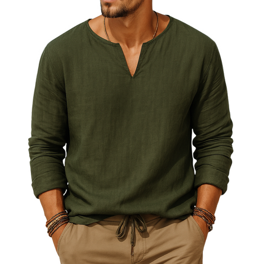 Men's Casual Solid Color Breathable Cotton Linen V-neck Loose Long-sleeved T-shirt DTT25070215
