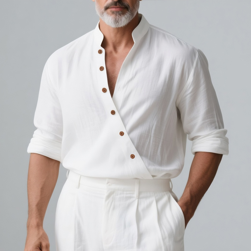 Men's Solid Color Cotton And Linen Slanted Placket Long Sleeve Shirt DTT25073110