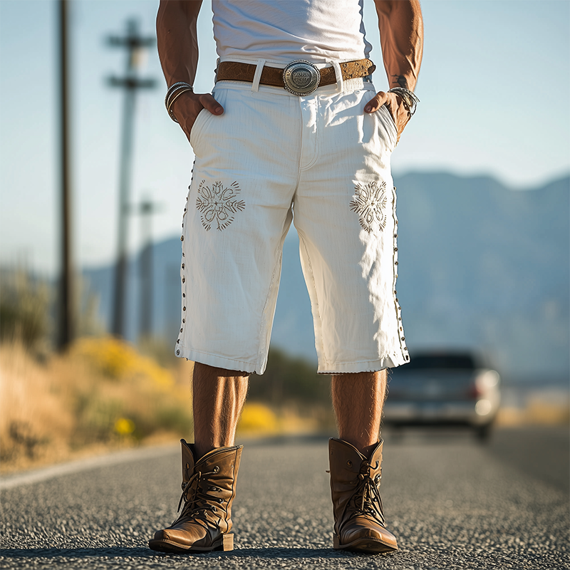Men's Spring And Summer Casual Western Cowboy Style Cotton And Linen Embroidery Side Decorative Rivets Loose Length To Knee Shorts DTT25060613