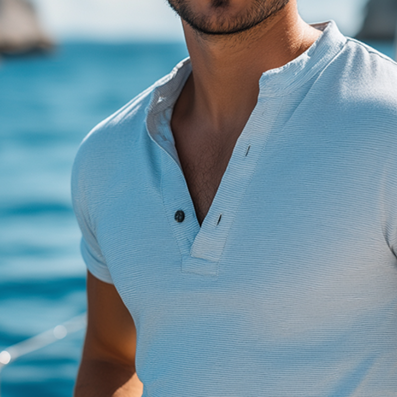Men's Retro Casual Stripe Print Henley Neck Short Sleeve T-Shirt DDT25052911