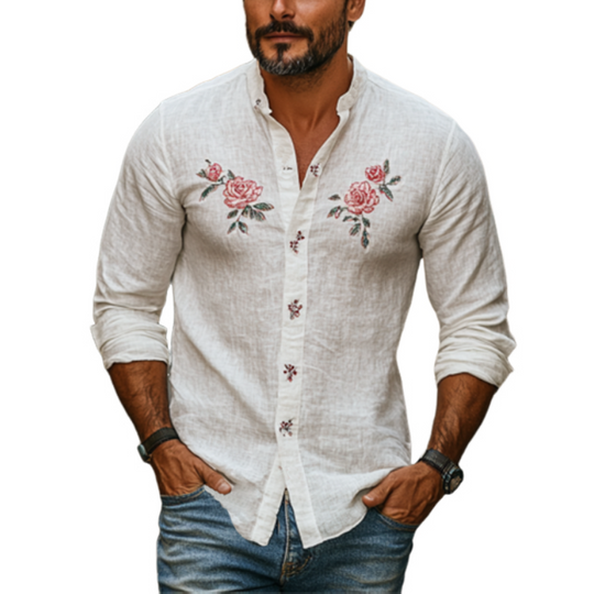 Men's Vintage Stand Collar Rose Embroidery Linen Long Sleeve Shirt 9892391715000