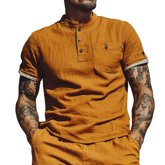 Men's Cotton And Linen Stand Collar Contrast Color Short Sleeve Shirt DTT25063014