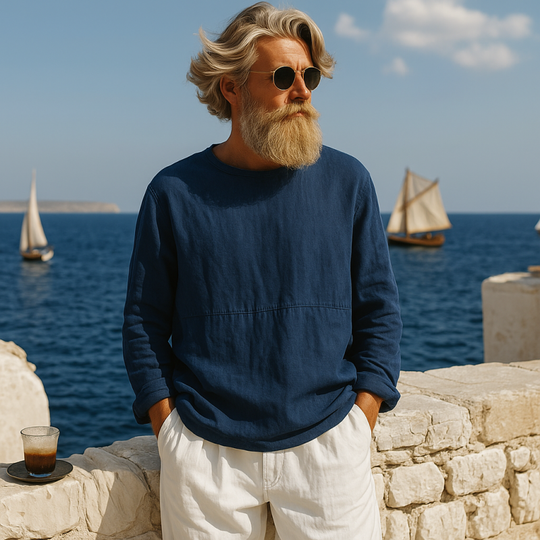 Men's Casual Breathable Cotton Linen Round Neck Loose Long-sleeved T-shirt DTT25070216