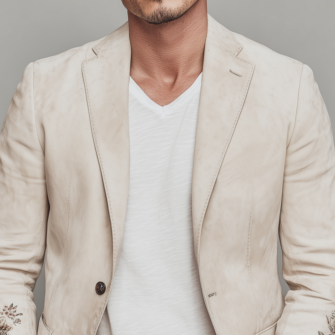 Men's Spring Fashion Casual Solid Color Thin Suede Cuff Embroidery Single Breasted Blazer DTT25072104