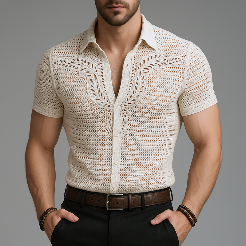 Men's Solid Hollow Knit Lapel Short Sleeve Shirt DTT25062316