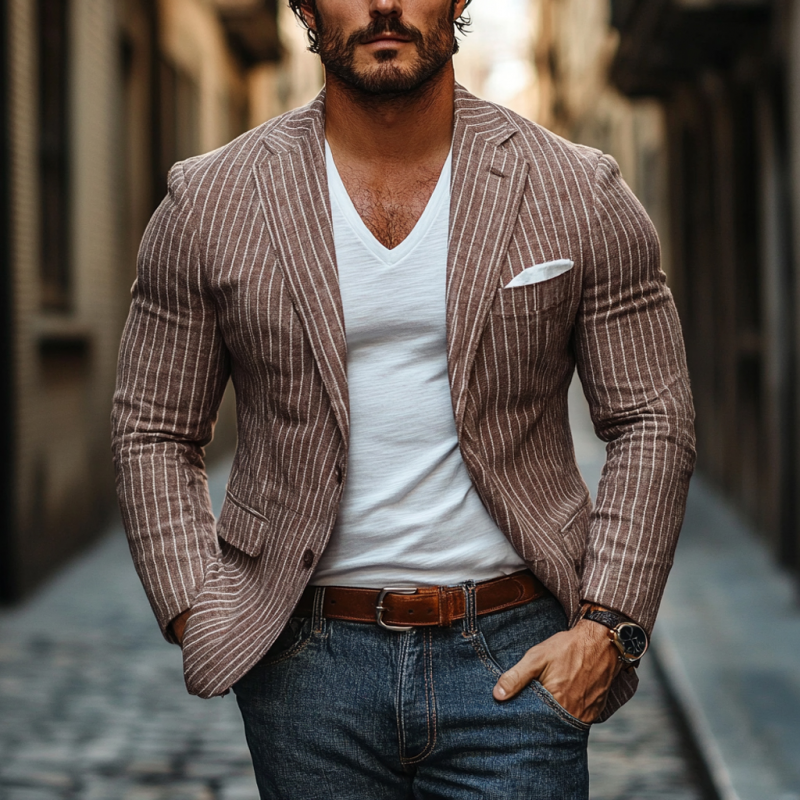 Men's Casual Breathable Linen Stripe Notched Lapel Single Breasted Slim Fit Blazer DTT25060313